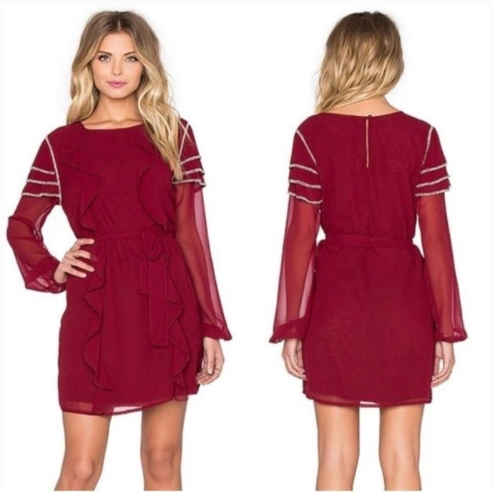 Tularosa Dress‎ Maroon Burgundy Bowie Beaded Long Sleeve Ruffle Mini Sheer Sz M